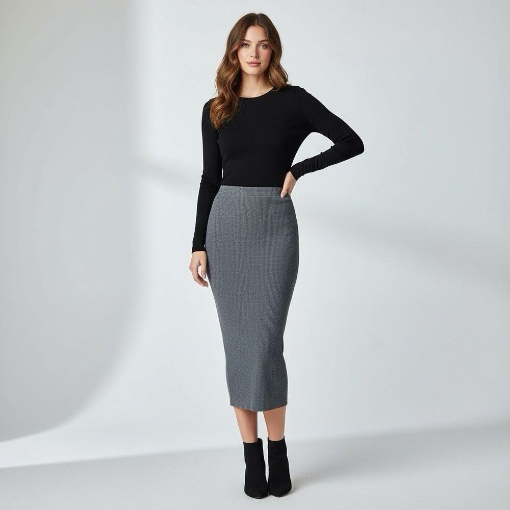 Reformation Ribbed Knit Pencil Midi Skirt Dark Gray SZ S Minimalist Quiet Luxury
